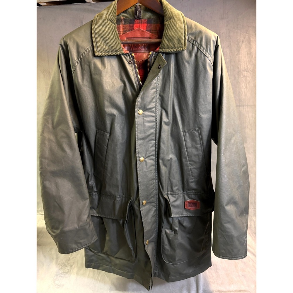 Vtg Woolrich Jacket Men Green Nylon Plaid Wool Lined Rain Chore Field Coat USA M